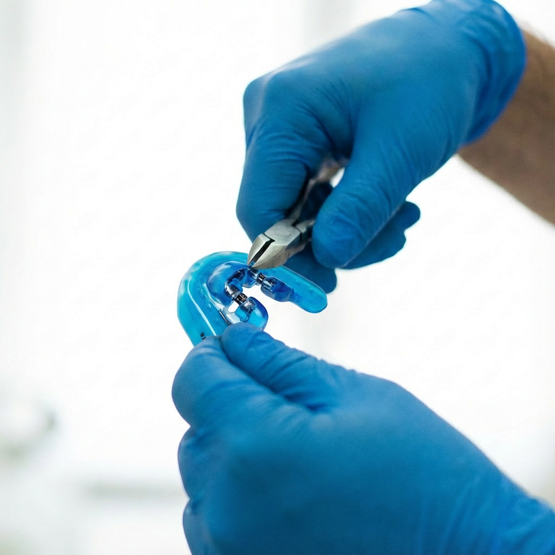 Technician adjusting ApnoDent device with precision tools