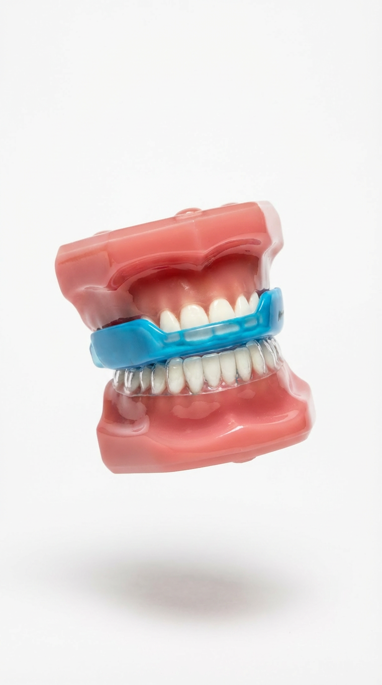 ApnoDent oral appliance on dental model showing device fit