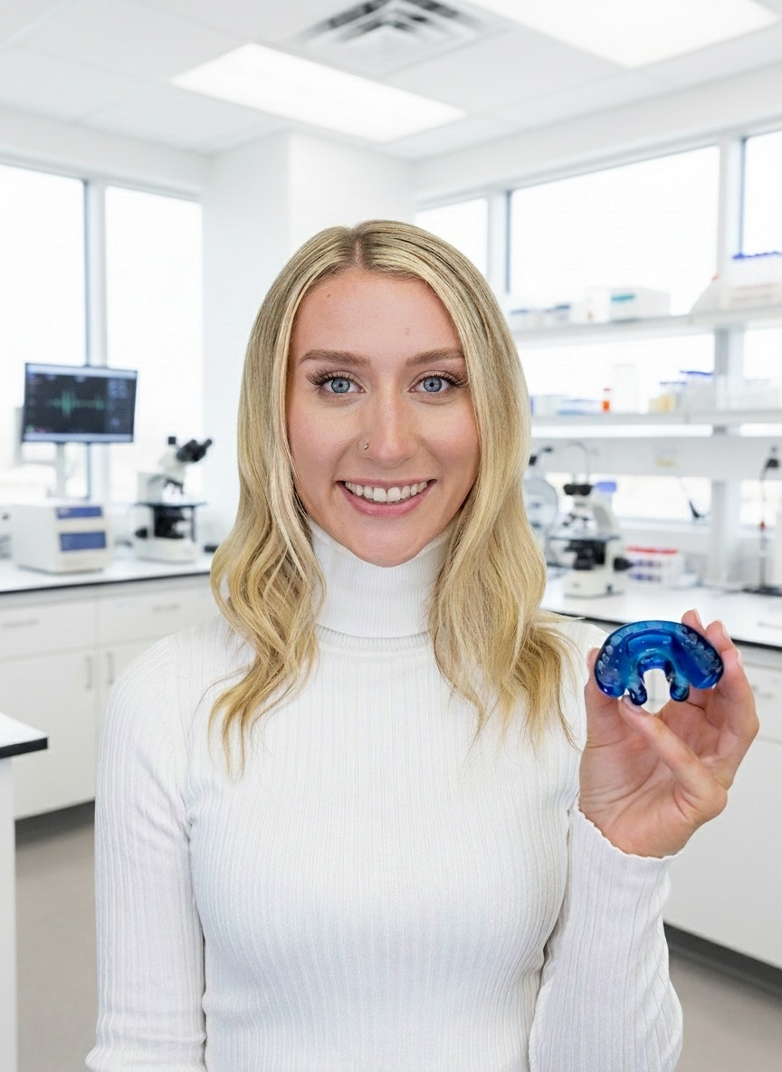 Happy patient holding ApnoDent device